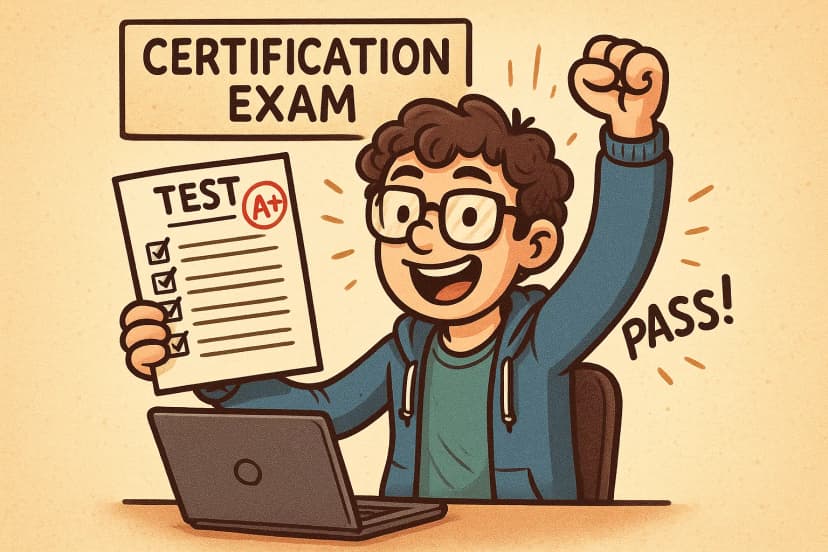 A cartoon-style illustration of a confident person studying for IT certifications, surrounded by exam preparation materials and certification badges